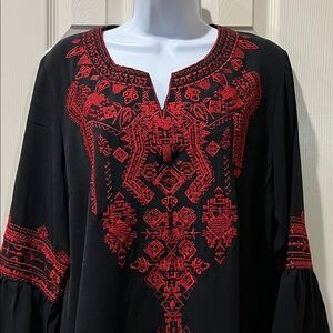 Calessa Womens Black Tunic Top with Red Embroidered Yoke Sz L Artsy Resortwear